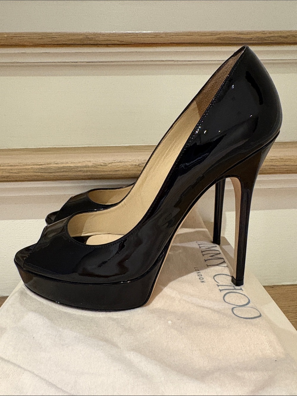 Jimmy Choo Black Patent Leather Peep-Toe Platform Stilettos